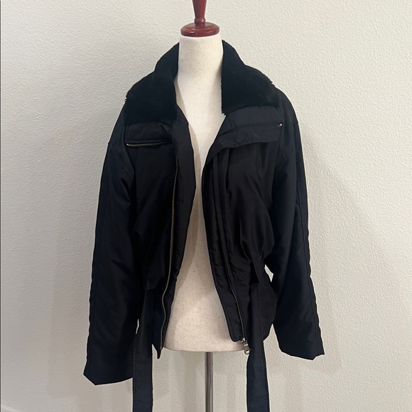 Andrew Marc Black Bomber Jacket with Fur Collar - Picture 1 of 8